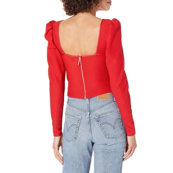 Guess Scarlet Red Puffed Long Sleeve Cropped Bustier Corset Top Y2K - Picture 2 of 6